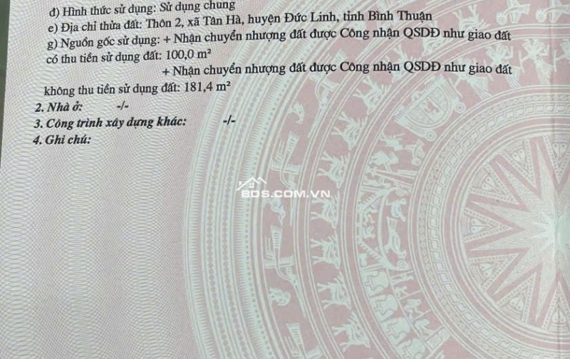 Bán đất tại Thôn 2, Tân Hà, Đức Linh, Bình Thuận, 281,4 m2 sẵn 100 m2 thổ cư, Sổ Riêng Sổ Sẵn
