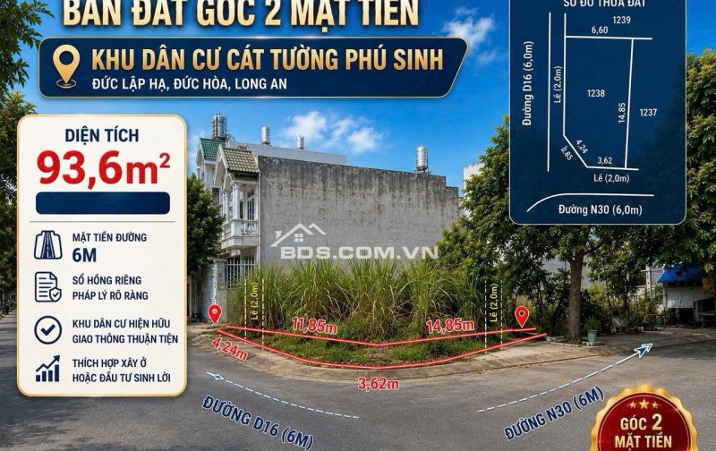 BÁN ĐẤT ĐỨC HOÀ TỈNH TÂY NINH - DT 93,6 M2 - SHR - 2TỶ050TR. LH:0903974577