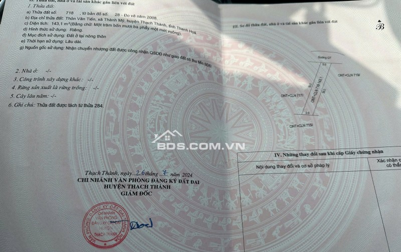 Bán đất Vân Tiến, X.Thành Mỹ, H.Thạch Thành, Thanh Hóa. 143m2 ~ 300 triệu.