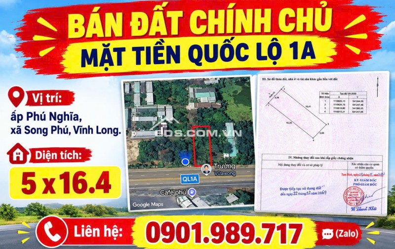CHÍNH CHỦ CẦN BÁN LÔ ĐẤT 80,3m2 MẶT TIỀN QUỐC LỘ 1A