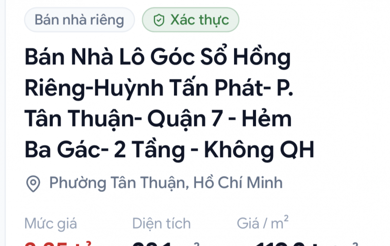 Bán Nhà Lô Góc Sổ Hồng Riêng-Huỳnh Tấn Phát- P. Tân Thuận- Quận 7 - Hẻm Ba Gác- 2 Tầng - Không QH - Nhỉnh 3 Tỷ. V Diện