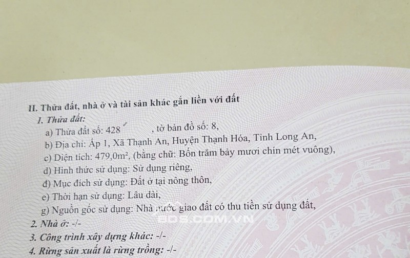 Bán đất mặt tiền thổ cư 1 phần Quốc lộ 62, xã Thạnh Hóa, tỉnh Tây Ninh