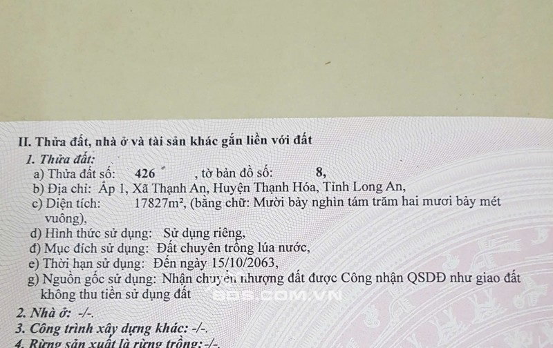 Bán đất mặt tiền thổ cư 1 phần Quốc lộ 62, xã Thạnh Hóa, tỉnh Tây Ninh