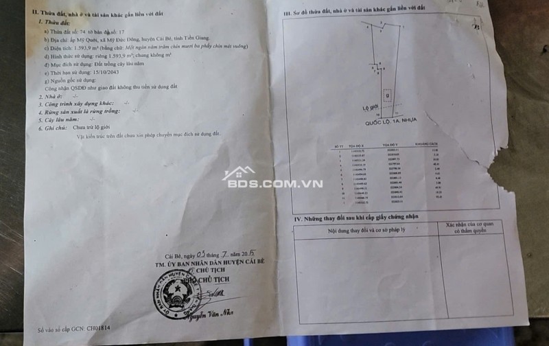 BÁN ĐẤT CÁI BÈ TIỀN GIANG, DT 2CÔNG8 - SHR - 17.5 TỶ. LH:0354408935